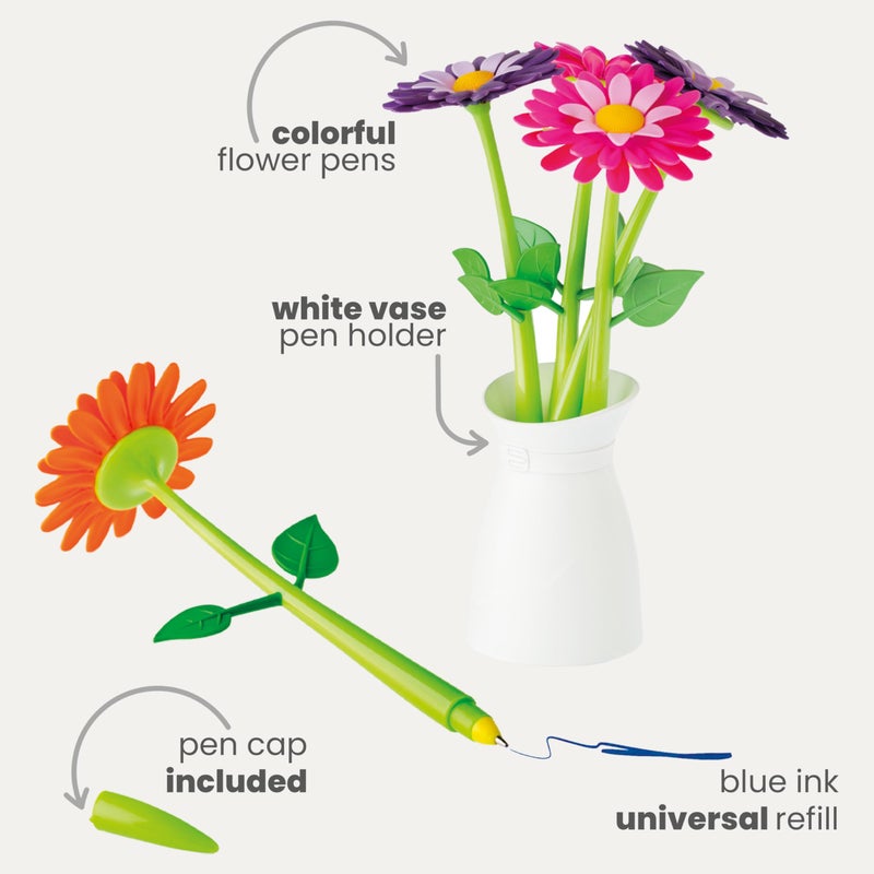 Vigar Flower Pen Set with Vase Holder, 5 Colorful Decorative Floral Pens with Blue Ink, Cute Office Supplies, Fun Pens for School and Work - Image 4